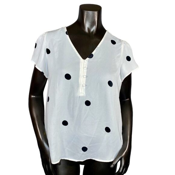 Ann Taylor Loft Short Sleeve Flowy Ivory Blouse with Polka Dots Women's Size MP - Picture 1 of 5